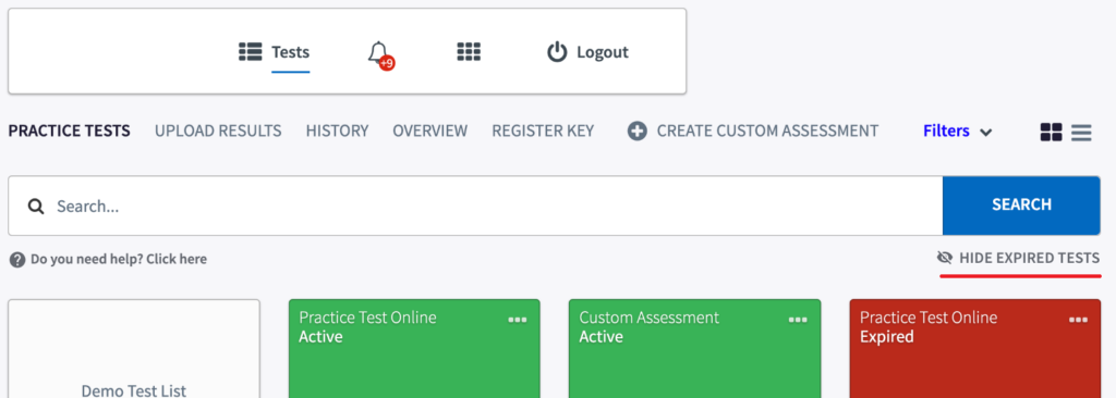 screenshot of the learning locker with the hide expired test option highlighted 